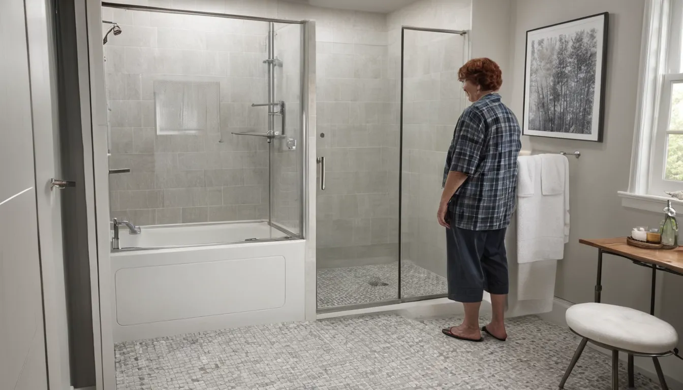 Homeowner stepping into a new low-entry walk-in shower with a glass panel in a bright bathroom in the Lakeville area