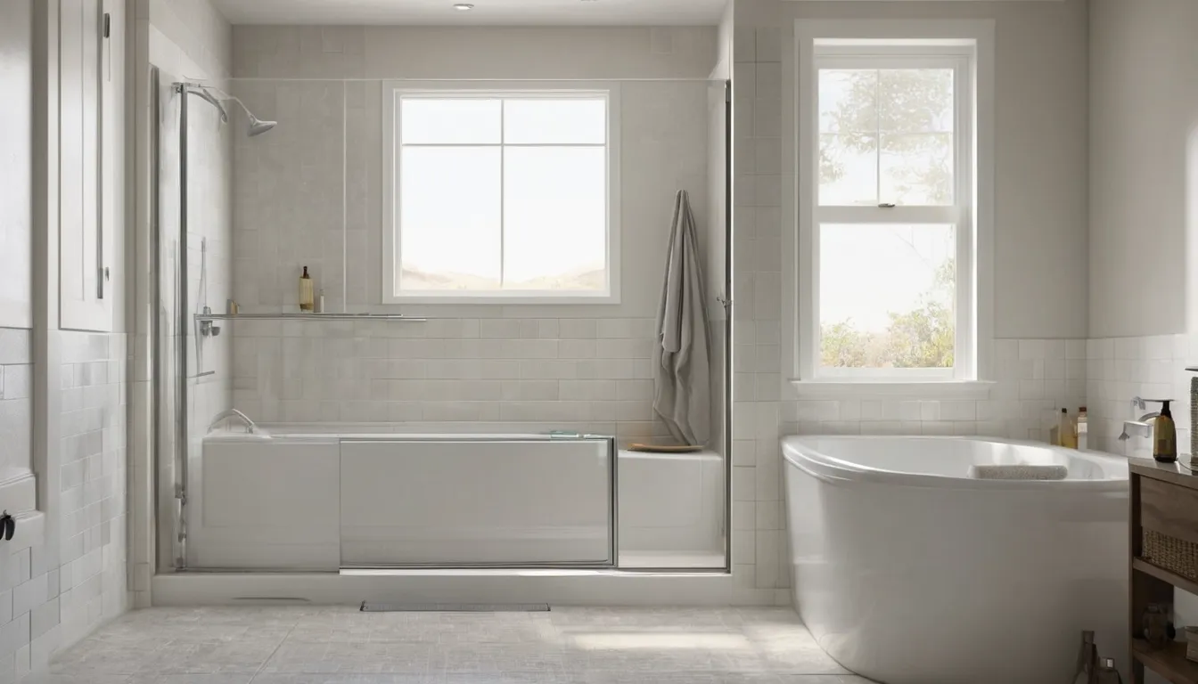 Senior homeowner stepping into a walk-in tub in a bright Lakeville bathroom